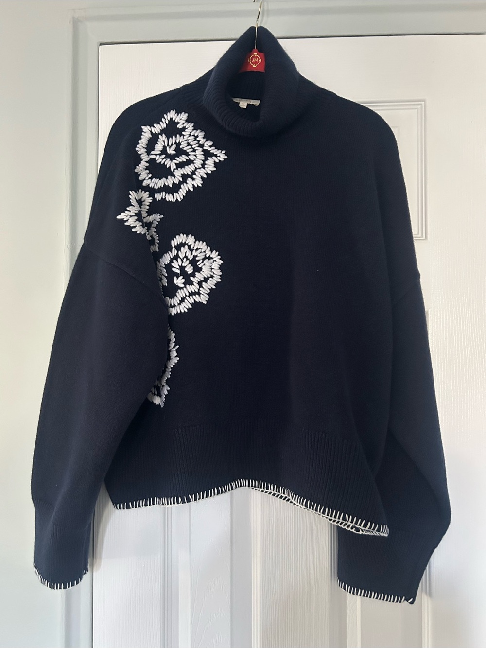 NWOT Parker Navy with White Embroidered Floral Design Turtleneck sweater